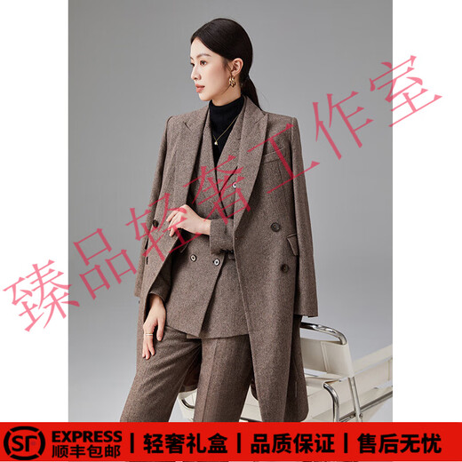 SUSTYLEG Light Luxury Brand Wool Suit Suit Women's Autumn and Winter New Thick Woolen Coat Suit Suit Extended Warm Brown Suit Coat + Short Suit + Pants Three-piece Set Thickened L