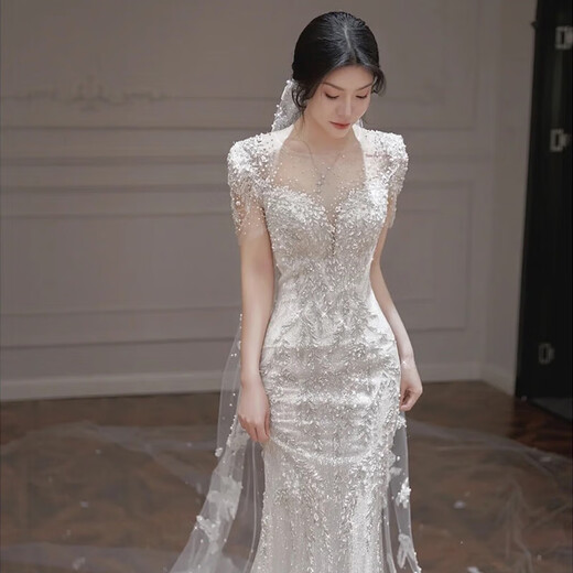 Ovivo fishtail wedding dress bridal main yarn high-end French light wedding dress 2025 new fishtail dress high-end small tail style with veil gloves M