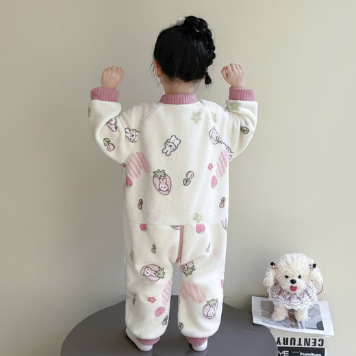 Baby coral velvet pajamas autumn and winter girls conjoined baby children's flannel sleeping bag thickened home clothes princess style off-white rabbit 100