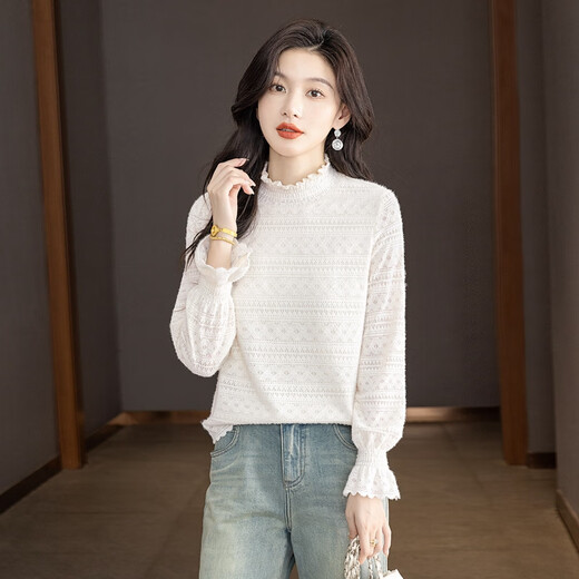 Sibaishe French solid color lace shirt for women 2025 autumn new long-sleeved lady inner wear slim shirt