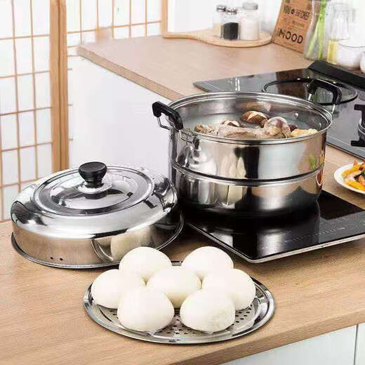 Extra thick stainless steel double-layer steamer household steamed buns steamed fish pot steamer large soup pot induction cooker gas stove universal double-layer thickened steamer 38cm