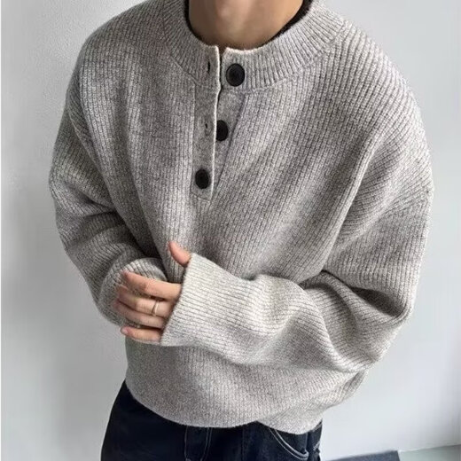 POUM gray American retro Henry collar sweater men's winter lazy style high-end knitted sweater cleanfit jacket TCFS-587 gray M