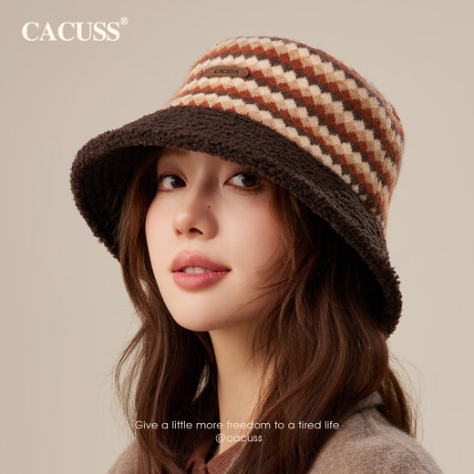 CACUSS Hat Women's Winter Warm Fisherman Hat Big Head Circumference Showing Face Small Basin Hat Retro Plaid Teddy Velvet Hat Coffee Color