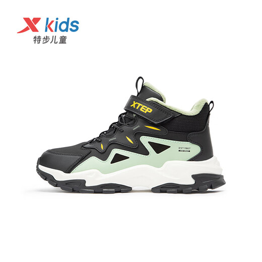 Xtep Children's Shoes Boys' Warm Anti-Slip Cotton Shoes Winter Mink Velvet Velcro Sneakers Black/Gray Grass Green 37