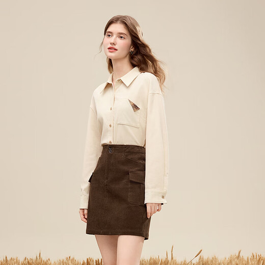 Betu women's 2025 winter new shirt with plaid contrasting buttons 100% cotton top for women 2511T61 apricot L