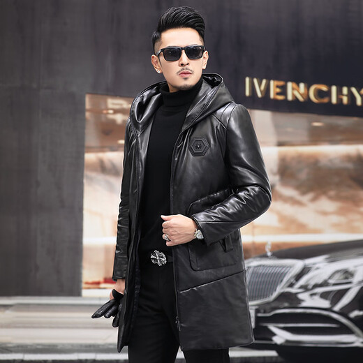 Matchstick Haining Leather Jacket Men's Sheepskin Mid-Length Casual Youth Hooded Leather Jacket Men's Trendy Jacket Winter Black M
