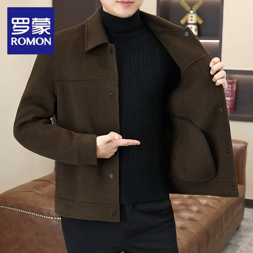 ROMON high-end lapel woolen coat men's short autumn and winter new Korean version slim double-sided woolen work jacket handsome coat coffee color M 170/48