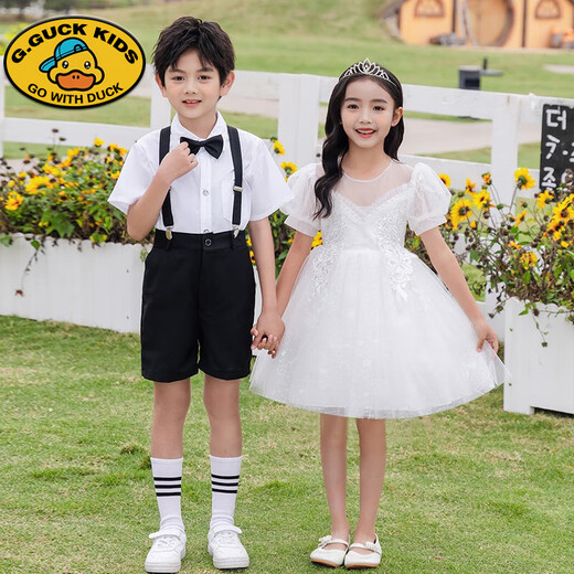 G.DUCKKIDS Children's Day Chorus Costumes Girls Dance Tutu Skirt Boys Dress Primary School Graduation Performance Costumes Boys White Shirt + Black Shorts + Suspenders + Bow Tie + 120