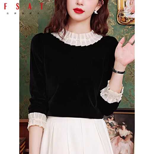FSAT French style gold velvet top, noble and stylish black shirt, women's 2025 new autumn and winter European shirt, black XL 115-125Jin Jin is equal to 0.5 kg