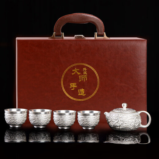 Jiaomingtang 999 sterling silver Kung Fu tea set gift set for leaders and elders to retire, housewarming and retirement practical festival Baifu silver set 10 pieces