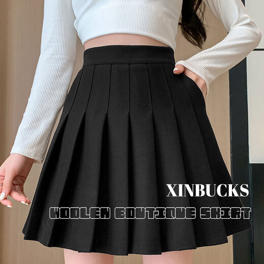XINBUCKS High Quality Autumn and Winter Pocket Woolen Pleated Skirt Women's Short Skirt Versatile Student Thickened High Waist Slim Skirt Black (Autumn and Winter Woolen) M (Waist 70cm recommended 95-105Jin Jin equals 0.5kg)