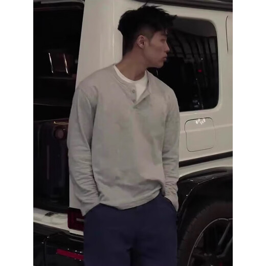 Funny Henry shirt fake two-piece gray fake two-piece Henry collar long-sleeved T-shirt for men in autumn American style polo shirt gray upgraded style M