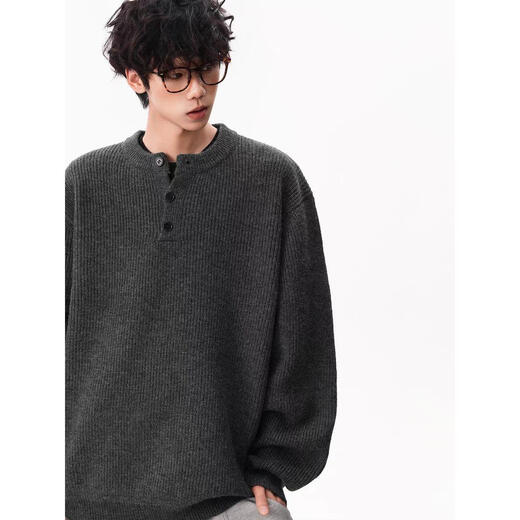 JASONWOOD American Henry Collar Sweater Men's Winter Solid Color Lazy Style Sweater Trendy Brand Cleanfit Loose Dark Gray High Quality M 160-170CM 95-110Jin Jin is equal to 0.5 kg