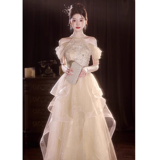 ROMON Evening Gown Women's Light Wedding Dress High-end Light Luxury Host Adult Ceremony Bridesmaid Toast Wear Dressing Dress Engagement Birthday Princess Dress Champagne L