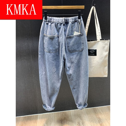 男式宽松萝卜裤高质重磅牛仔裤男罗卜黑色裤子男春季牛仔裤男直筒宽松九分哈伦裤男萝卜锥形老爹裤阔腿 蓝色 31