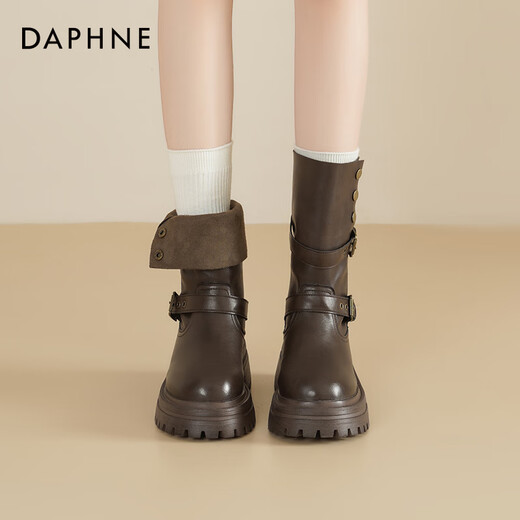Daphne thick-soled Martin boots for women 2026 new autumn belt buckle boots Maillard Western cowboy style brown short boots for women brown-folding two-wear heel height 6.5cm 37