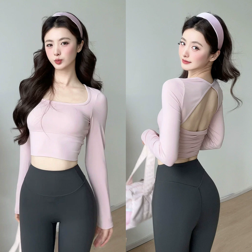 Autumn and winter yoga clothing, integrated chest pad, running training, long-sleeved, beautiful back, hollow fitness clothing, Pilates outer wear, light blue S