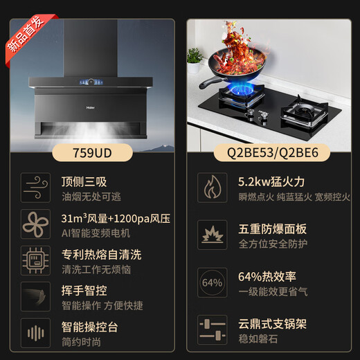 Haier variable frequency range hood 31 cubic meters large air volume suction gas stove set top side double three suction kitchen two-piece set suction and exhaust machine hot melt self-cleaning 973 upgraded model 759 stove set variable frequency hood + 5.2kw concentrated energy fire stove