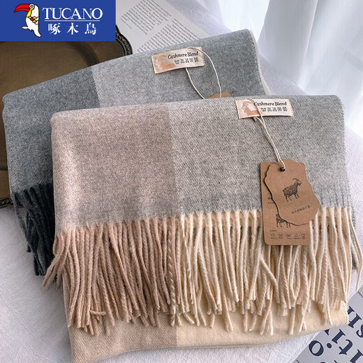 Woodpecker wool blended plaid scarf for men and women in autumn and winter thickened and warm gray versatile shawl dual-purpose winter fashion scarf gray