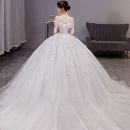 Zhizhou Xian Pauline one-shoulder light wedding dress 2024 temperament main gauze bride summer cover thick arms big tail princess style floor-length standard mid-waist veil skirt support M one size