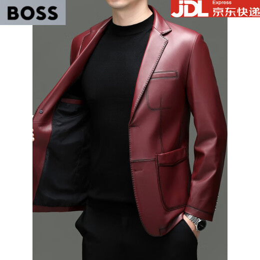 BOSS Spring and Autumn New Genuine Leather Clothing Men's Sheepskin Suit Fashion Business Casual Suit Middle-aged Men's Jacket Red S 165 Suitable for 120 Jin Jin equal to 0.5 kg or less