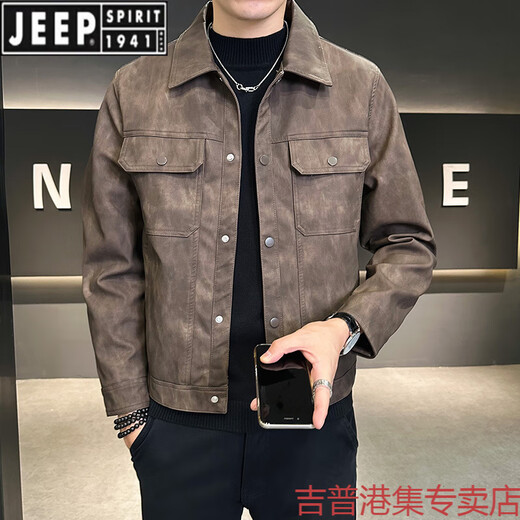 JEEP SPIRIT leather jacket men's 2025 new spring and autumn handsome slim bomber jacket casual men's leather jacket brown XL 105-125Jin Jin equals 0.5 kg