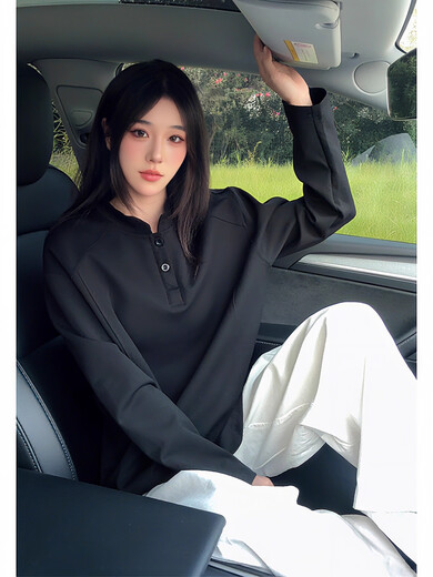 QGF American Henry collar long-sleeved sweatshirt men's autumn shoulder heavy polo light gray top shirt base coat light gray XL recommended 110-130Jin Jin equals 0.5 kg