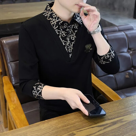 FZAF Light Luxury Men's Paul POLO Shirt Men's Long Sleeve 2025 Spring and Autumn New High-end Fashion Brand Fashion Casual Velvet T-shirt Black Bee Regular XL (Recommended 135-150 Jin Jin equals 0.5 kg)