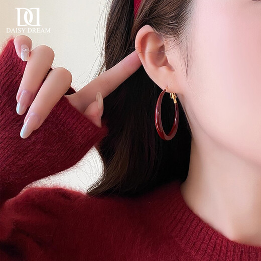 DAISY DREAM925 Silver Needle Temperament Red Large Hoop Earrings Women's Light Luxury Niche High-end Earrings Hot Stud Ear Accessories 3cm Red Hoop 925 Silver Needle