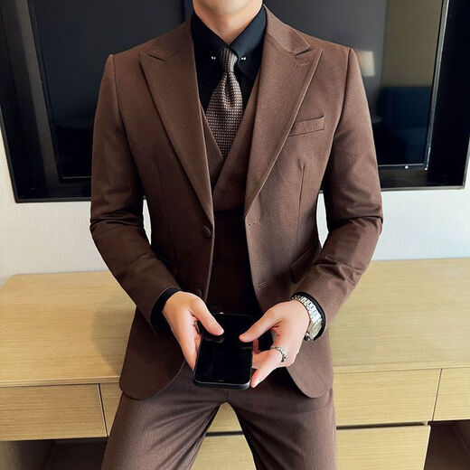 GOLDLION G+Goldlion High Quality Wool Suit Suit Men's Business Casual Formal Patch Collar Suit Groomsman Gift Black Suit+White Shirt+Vest+Pants Two Buttons XL