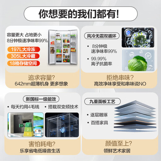 Konka 502 liter 8-minute odor-free refrigerator double-door home first-class energy efficiency frequency conversion energy-saving frost-free double cycle ultra-thin air-cooled large capacity BCD-502WEGQ5SP