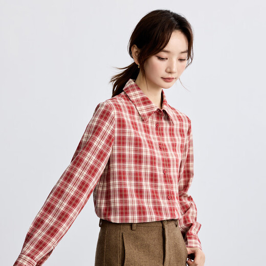 INMAN Hong Kong style retro college style sub-shirt for women 2025 autumn literary and versatile casual long-sleeved layered shirt red plaid S