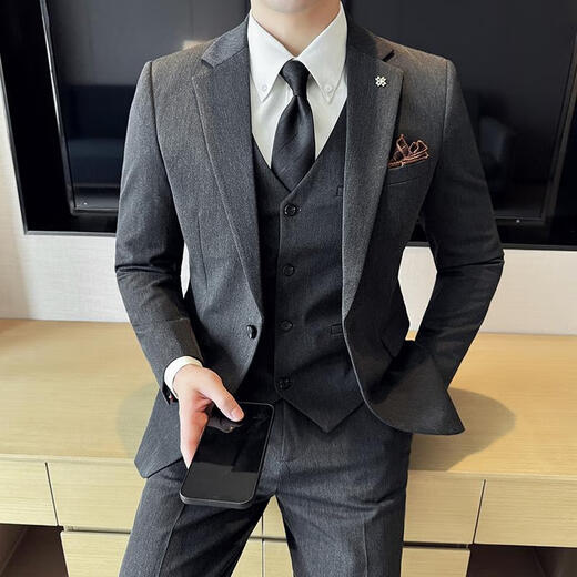 Pierre Cardin one-button men's three-piece suit business formal solid color versatile trendy slim casual handsome suit black suit + trousers 4XL (165-180Jin Jin equals 0.5 kg)