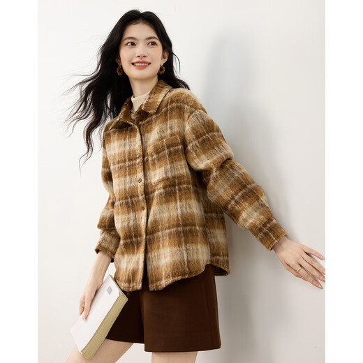 Shangjing shirt women's 25th winter new women's Korean style lazy style woolen material thickened color block plaid loose shirt women's tops