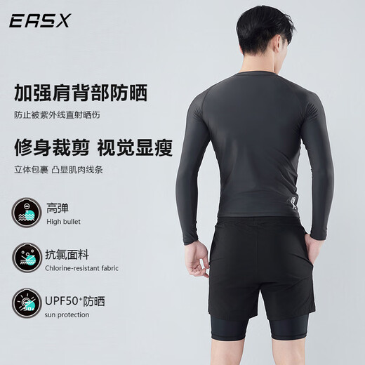 He Jiagong swimsuit men's long-sleeved surfing suit sun protection two-piece diving suit snorkeling sun protection jellyfish suit two-piece large size meteor blue zipper chain + black long shorts set M 100-120Jin Jin is equal to 0.5 kg