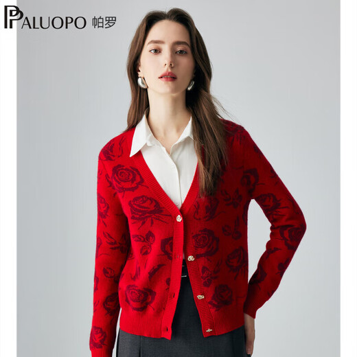 PALUOPO Romantic Rose Autumn and Winter New Cashmere Sweater Women's Knitted Cardigan Warm Sweater Outerwear ET2F8125R Big Red Gold S 155/95