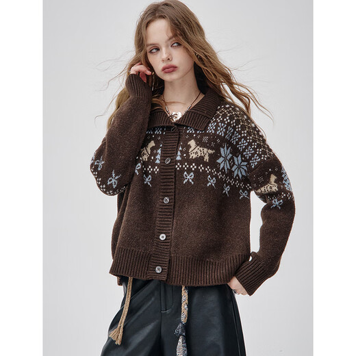 Fairy Pocket Polo Collar Fair Isle Cardigan Sweater Women's 2025 Autumn and Winter New Retro Lazy High-Quality Fair Isle Coffee Color M