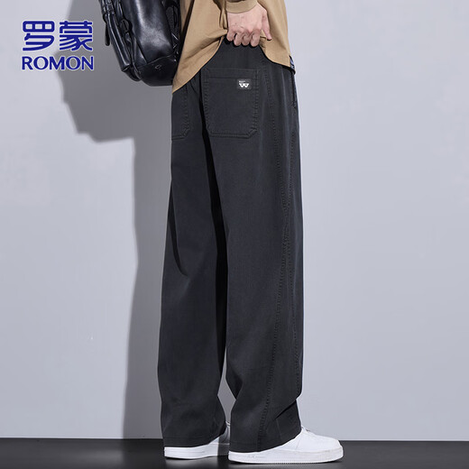 罗蒙（ROMON）裤子男士春季商务宽松休闲裤男裤潮流阔腿直筒裤 黑色 XL