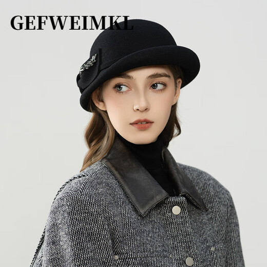 GEFWEIMKL Merino Wool Hat Women's Autumn and Winter New Bow Hepburn Style Women's Fashion Hat Elegant Warm Basin Hat Black Adjustable (56-58cm)