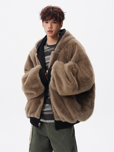 OEMG reversible imitation rabbit fur mountain carving cotton jacket for men in autumn and winter, thickened warm trendy brand jacket, brown color, reversible XL, recommended 110-130Jin Jin equals 0.5kg