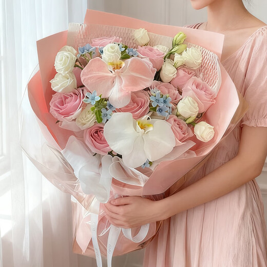 Collagen Flower Express, Phalaenopsis, Rose Mixed and Matched Bouquet, Birthday Gift for Girlfriend and Wife, Nationwide Delivery, Pink Rose, Phalaenopsis, and Orchid Mixed Bouquet.