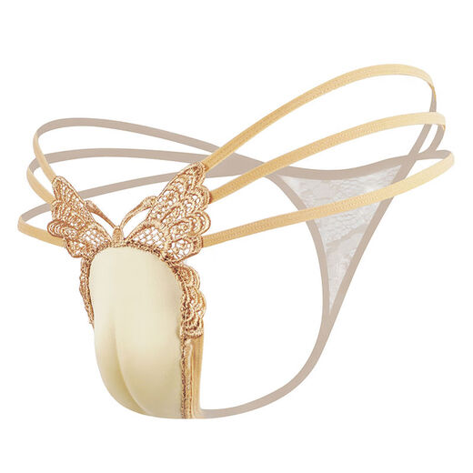 Sexy men's thong hollow butterfly protruding transvestite CD cross-dressing special hidden jj underwear fake vagina underwear for men apricot color one size fits all