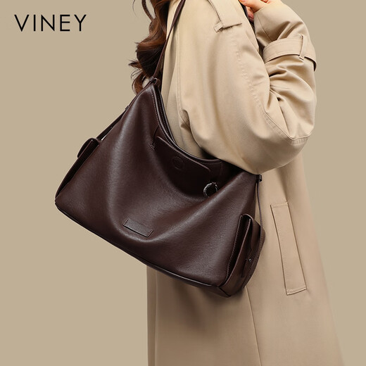 Viney cowhide tote bag women's bag large capacity crossbody bag shoulder birthday gift for girlfriend and wife brown high-end practical brand armpit bag fashionable light luxury versatile commuting casual bucket bag