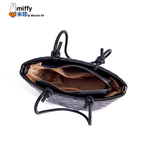 Miffy ring tote bag, fashionable and versatile handbag, high-end bucket bag, birthday gift with zipper, black with white small size