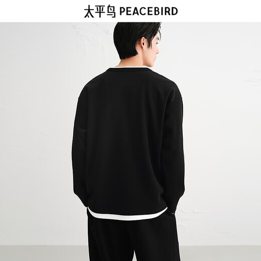 PEACEBIRD Men's T-shirt 25 Autumn New Henley Collar Heavy Long Sleeve Shirt Wide Version Fake Two-Piece Loose Bottoming Shirt Black Second Batch S