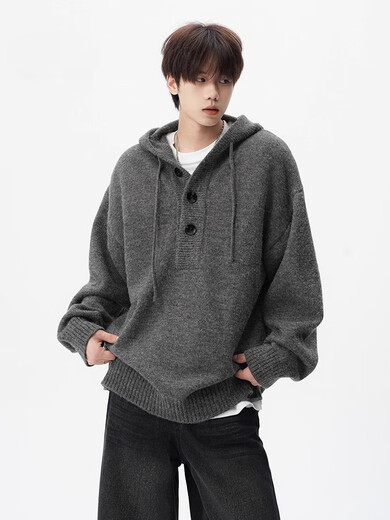 OEMG American heavyweight hooded sweater for men in autumn and winter trendy high-end knitted sweater button top lazy jacket gray XL recommended 110-130Jin Jin equals 0.5 kg