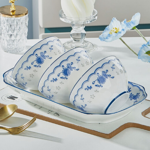 Fantasy plates, dishes, household underglaze color tableware, new ceramic plates, Chinese-style thickened bowls and plates, 10 bowls, 10 plates, 4.6-inch Jingde bowl + 8-inch round plate