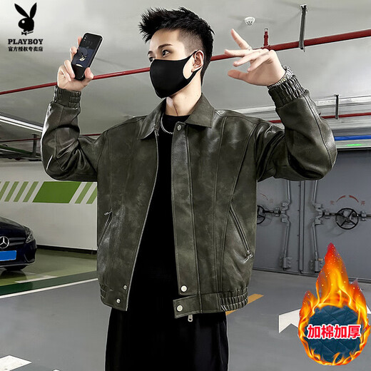 Playboy (PLAYBOY) Trendy Motorcycle Suit Leather Jacket Men's Jacket 2025 Autumn and Winter Short Lapel Casual Handsome Men's Leather Jacket Black Cotton D313-J92 Thickened L