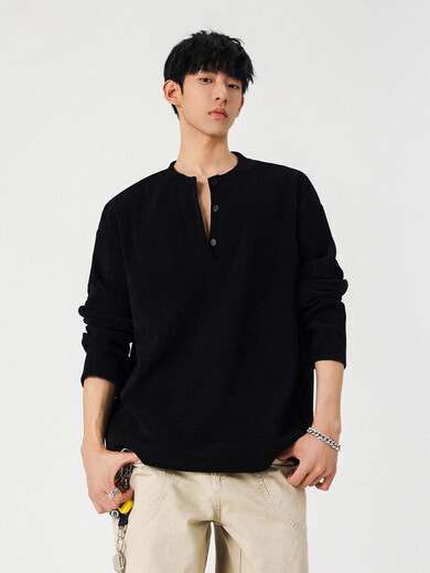 OEMG Black Henry Collar Long Sleeve T-Shirt Men's Autumn High Street Versatile High-Quality Youth Undershirt Top Black XL Recommended 110-130Jin Jin equals 0.5kg