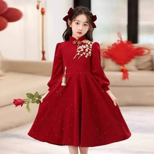 Disney (Disney) girls Chinese style velvet dress 2025 new style red girl princess skirt thickened New Year's greeting dress Chinese style dress without velvet 140